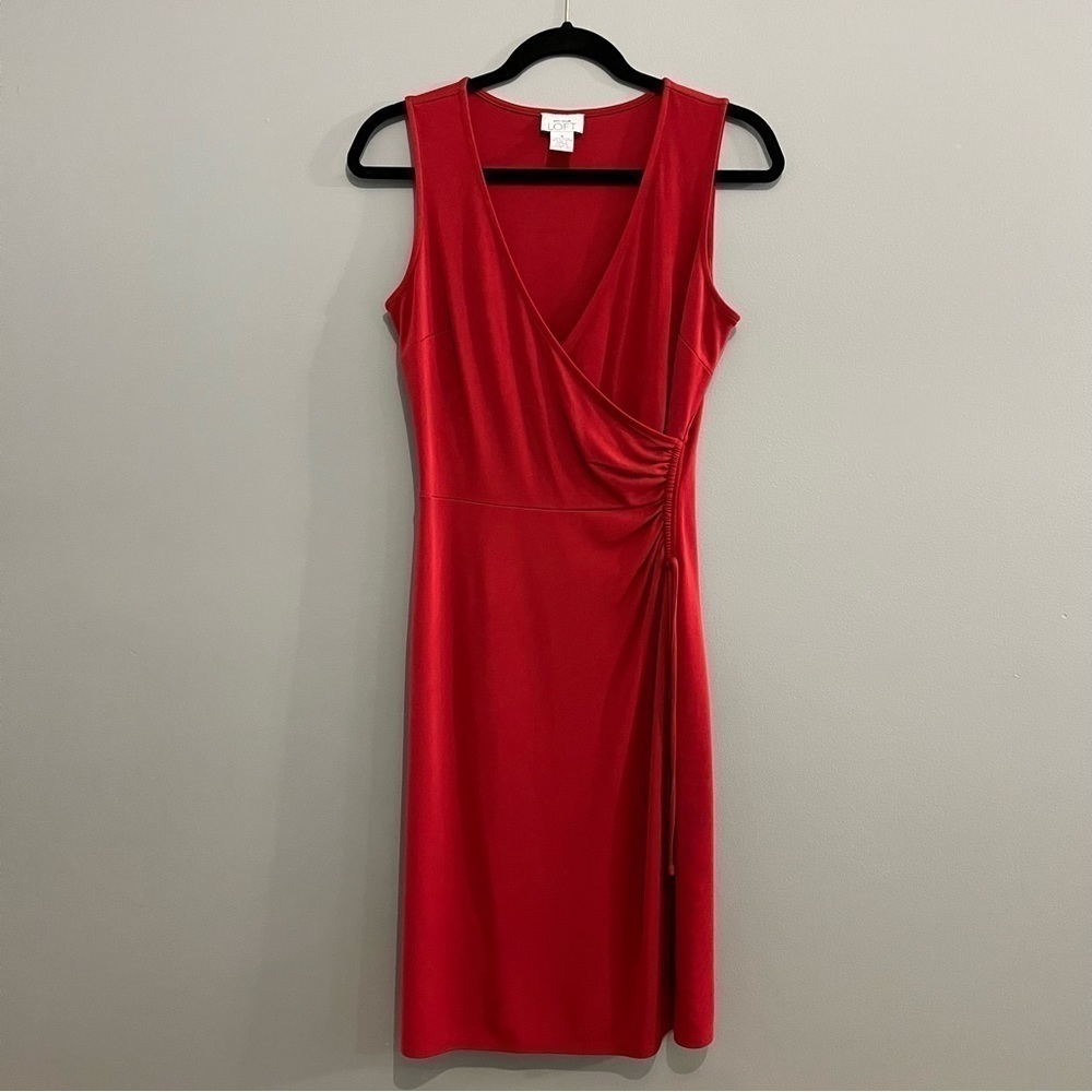 LOFT Anne Taylor Red Ruched Sleeveless Crossover Deep-V Office Date Night Dress